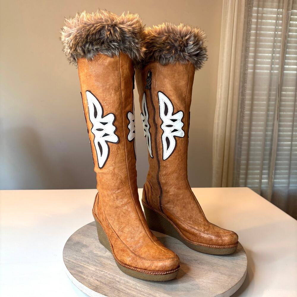 Modern Vintage Brown Leather Faux Fur Trim Wedge Knee High Boots Y2K Size 9.5